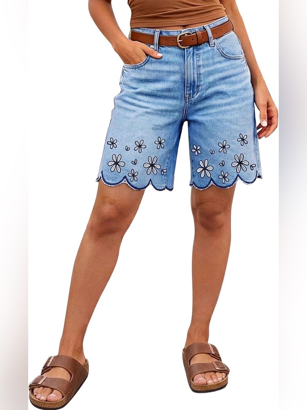 Flamingals Women's Mid Rise Embroidery Bermuda Denim Shorts M PS9-19